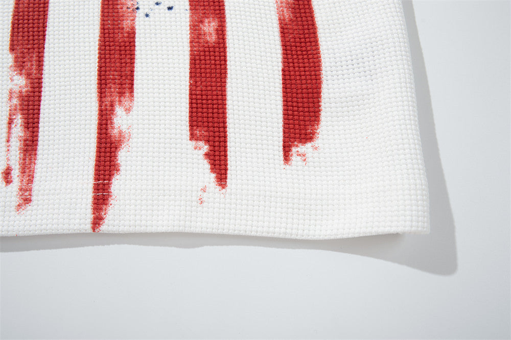Men's American Flag Star Print Long Sleeve Shirt – Distressed Waffle-Knit Tee