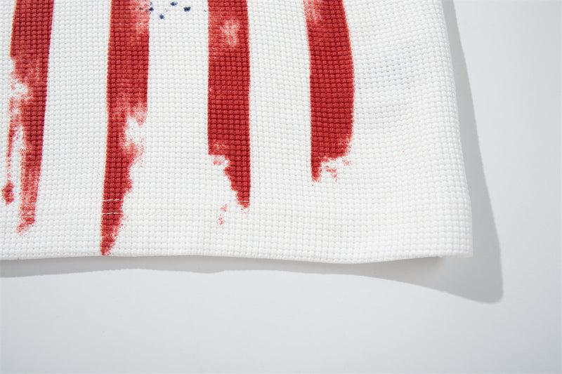 Men's American Flag Star Print Long Sleeve Shirt – Distressed Waffle-Knit Tee
