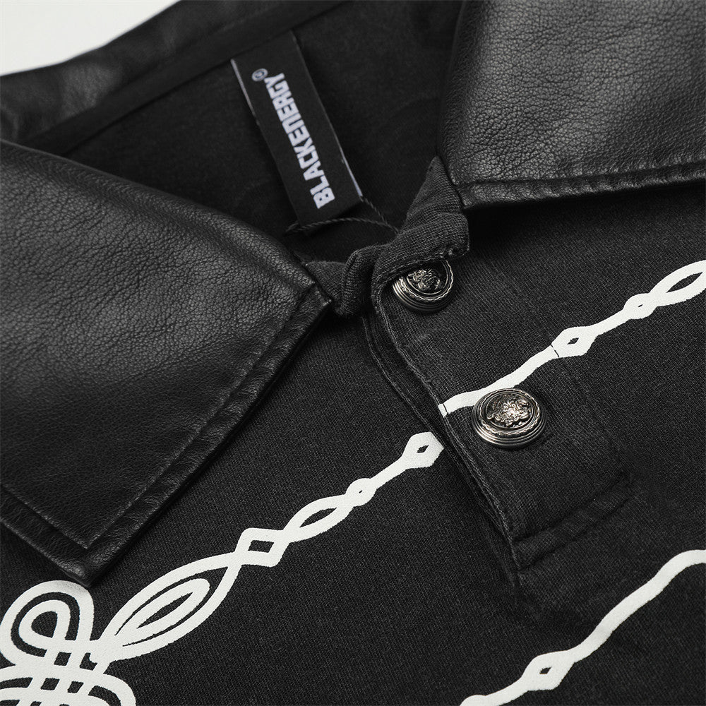 Men's Cropped Military-Style Long Sleeve Polo Shirt with Braided Trim – Black