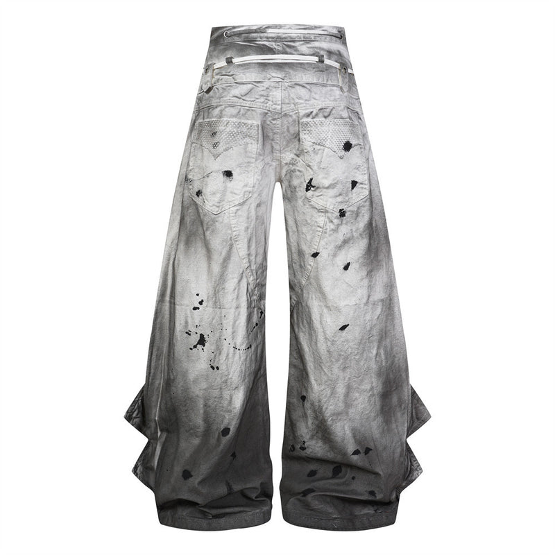 Distressed Wide-Leg Jeans | Grunge Punk Dirty-Wash Double Waistband Pants