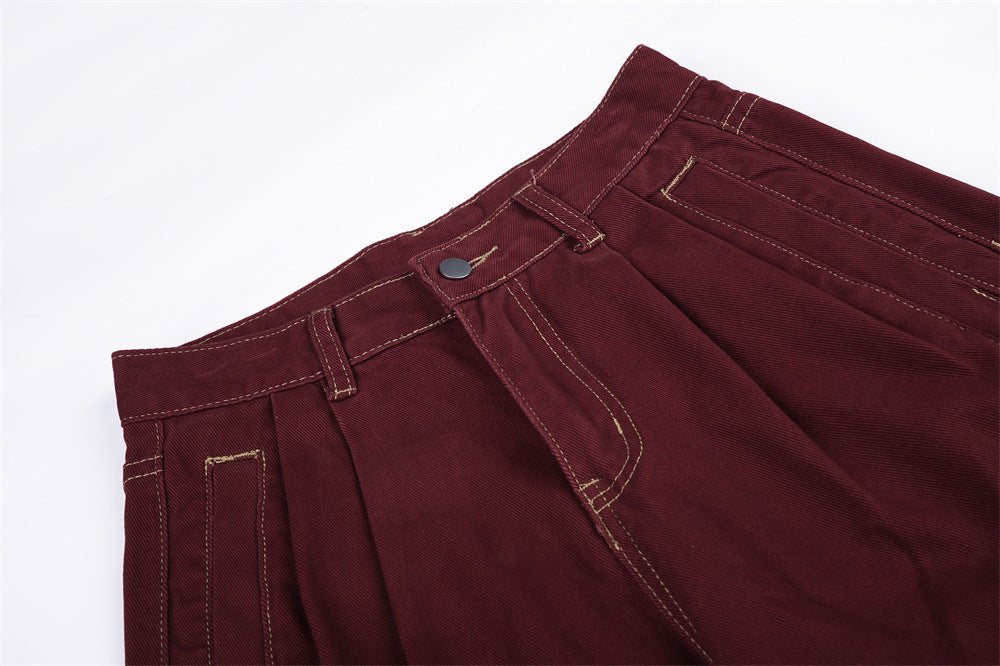 Wide-Leg Pleated Trousers – Curved Barrel Fit with Contrast Stitching