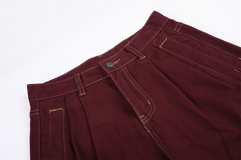 Wide-Leg Pleated Trousers – Curved Barrel Fit with Contrast Stitching