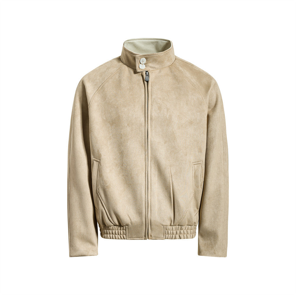 Chaqueta bomber de ante con cuello mao para hombre – Acabado desgastado y corte corto streetwear