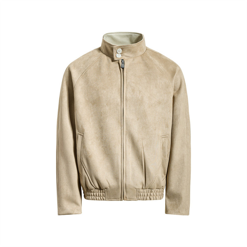 Chaqueta bomber de ante con cuello mao para hombre – Acabado desgastado y corte corto streetwear