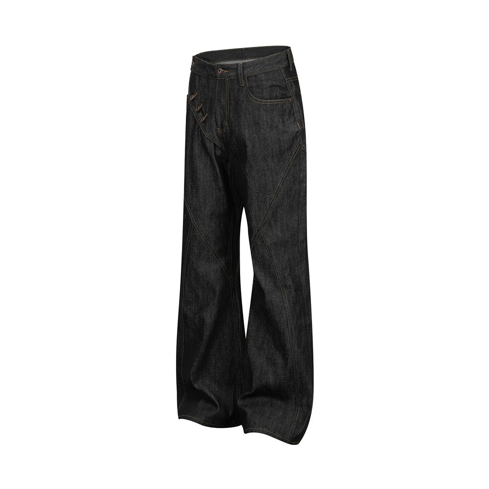 Raw Denim Flare Jeans with Diagonal Button Fly & Deconstructed Wide Leg