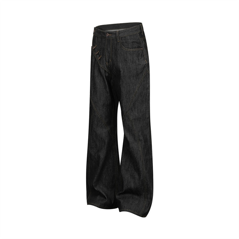 Raw Denim Flare Jeans with Diagonal Button Fly & Deconstructed Wide Leg