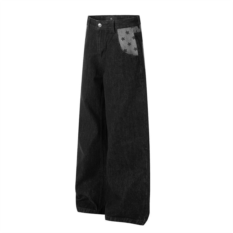 Men's Black Wide-Leg Jeans with Star-Print Contrast Pockets
