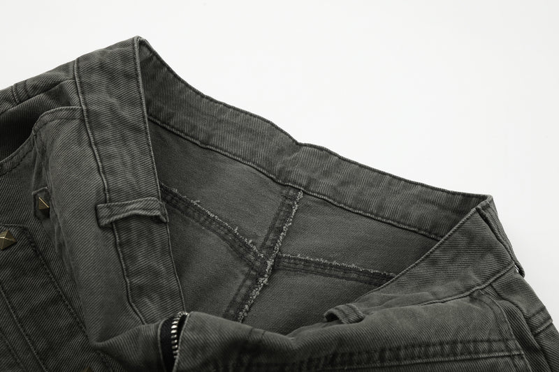 Wide-Leg Studded Denim Pants – Relaxed Fit Vintage American Street Style