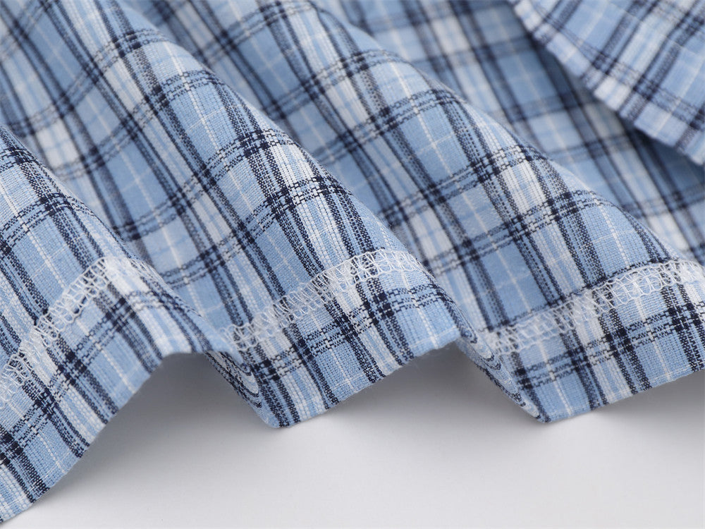 Plaid Long Sleeve Shirt with Colorblock Black Shoulder Panel and Crest