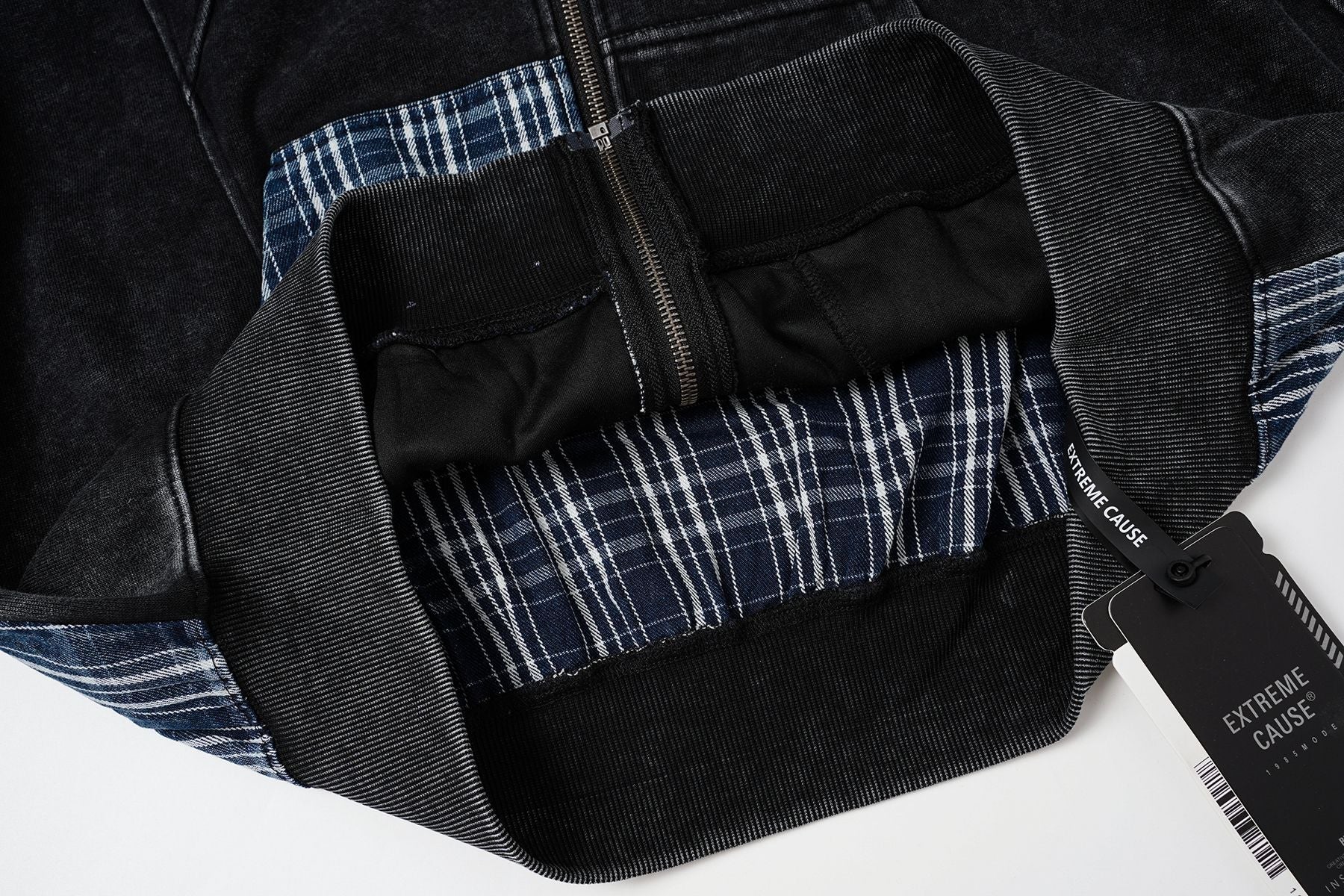 Sudadera con capucha y cremallera de patchwork de cuadros — Chaqueta extragrande de felpa y franela lavadas