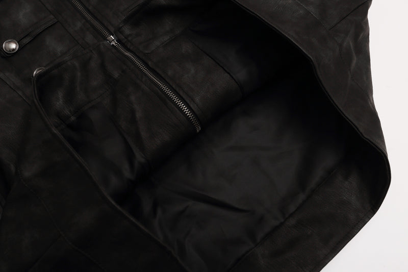 Jacke im Military-Stil aus besticktem PU-Leder – Schwarz, Used-Look und Stehkragen