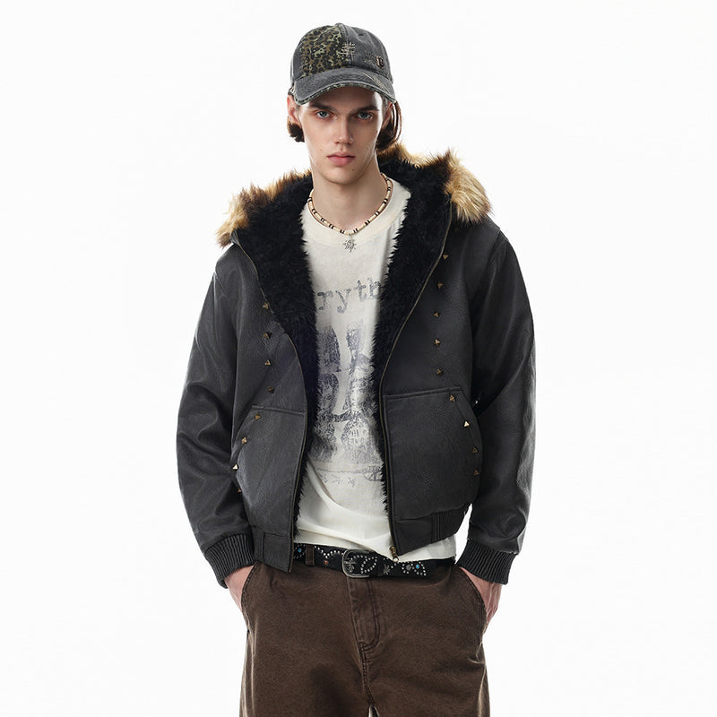 Punk Fur-Collar Studded PU Leather Hooded Bomber Jacket