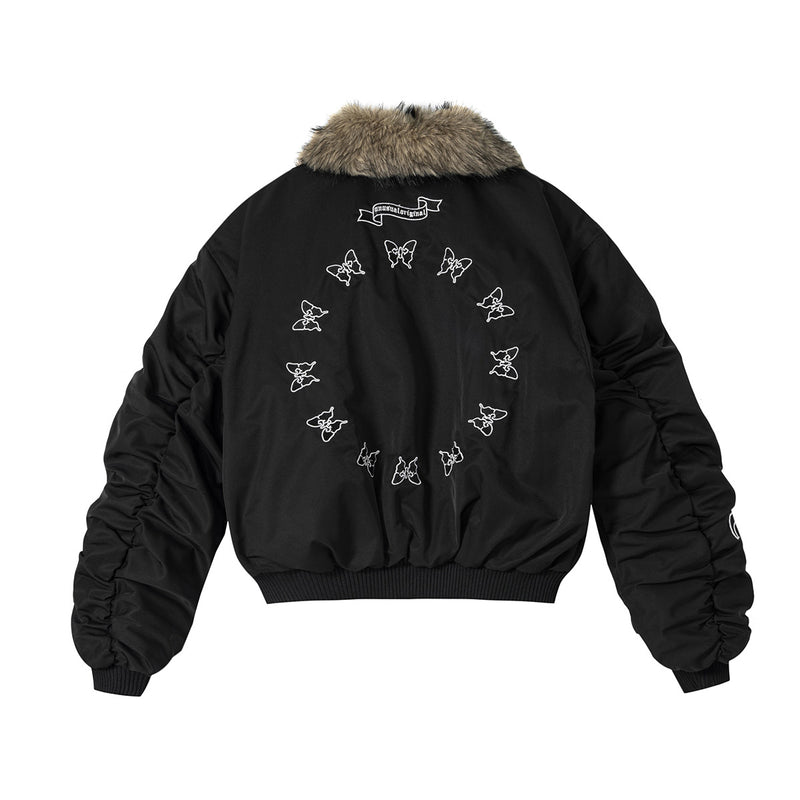 Herren-Schwarze-Pufferjacke mit Fellkragen – Bomberjacke mit Schmetterlingsstickerei
