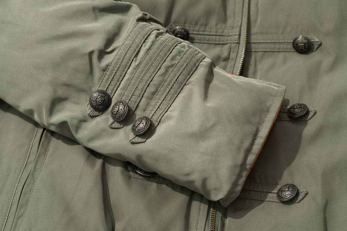 Military Bomber Jacket with Leopard Faux Fur Collar & Double-Breasted Button