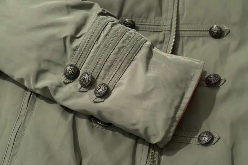 Military Bomber Jacket with Leopard Faux Fur Collar & Double-Breasted Button