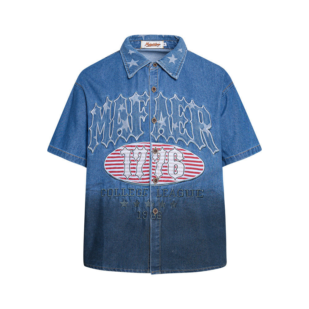 Oversized blue gradient denim short-sleeve shirt with gothic MAFARR embroidery and 1776 varsity oval patch, front and back vi