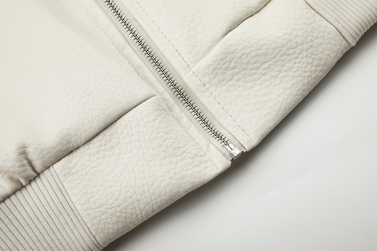 Faux Leather Bomber Jacket with Fur Collar and Buckle Detail
