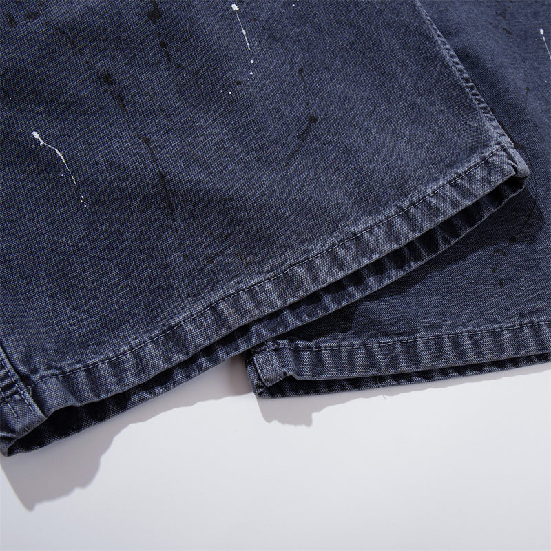 Paint Splatter Cargo Denim Shorts – Wide-Leg Washed Streetwear