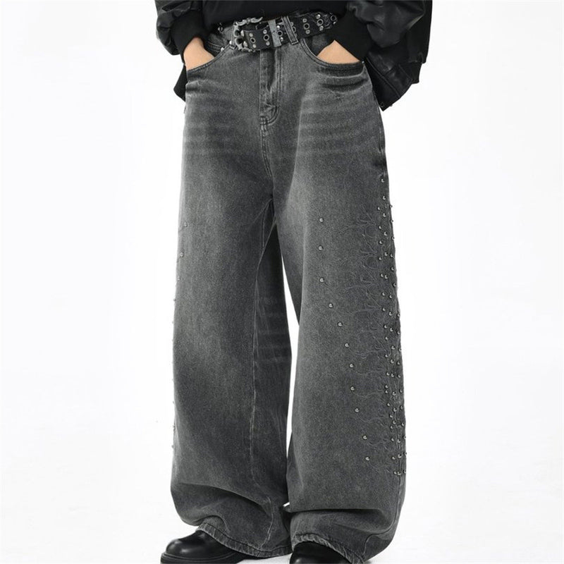 Men's Baggy Wide-Leg Jeans – Studded & Embroidered Washed Denim