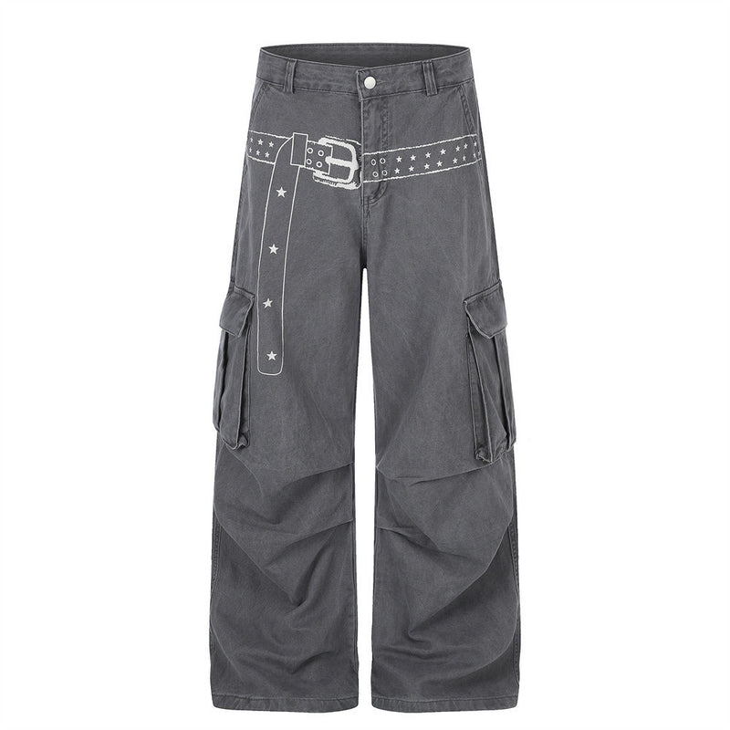 Cargo Pants for Men Wide Leg Multi-Pocket Punk Belt Print Street Style