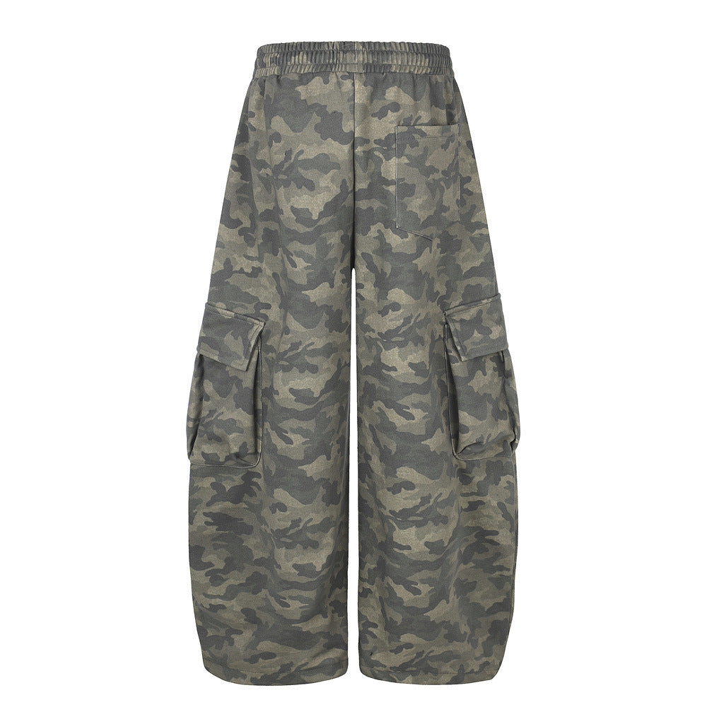 Men's Cargo Camo Pants Wide-Leg Baggy Fit with Script Print & Multi-Pocket