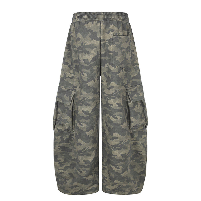Men's Cargo Camo Pants Wide-Leg Baggy Fit with Script Print & Multi-Pocket