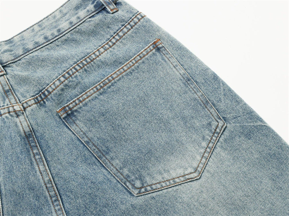 Men's Baggy Wide-Leg Jeans – Studded & Embroidered Washed Denim