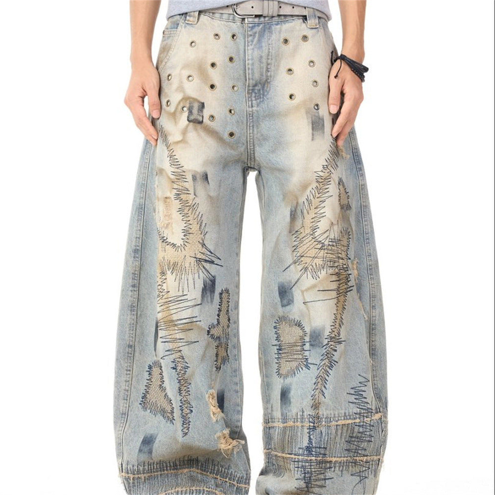 Men's Distressed Wide-Leg Jeans with Chaotic Embroidery & Metal Eyelet Detail