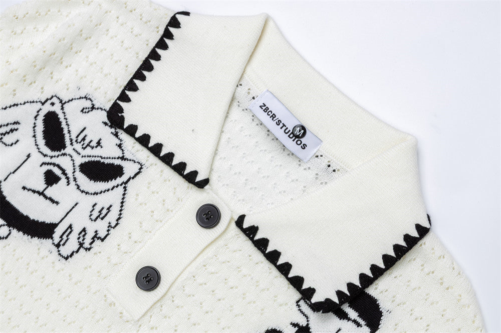 Jersey de Punto Jacquard con Perros Cartoon – Oversize, Cuello Polo y Manga Larga