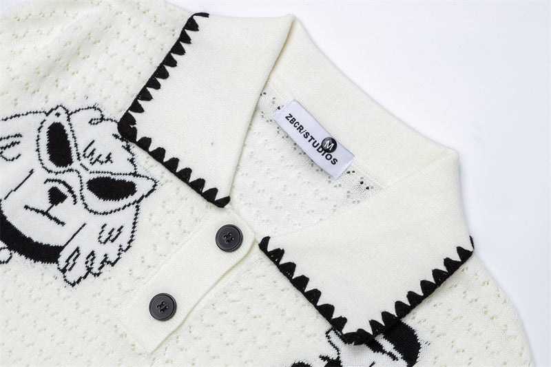 Jersey de Punto Jacquard con Perros Cartoon – Oversize, Cuello Polo y Manga Larga