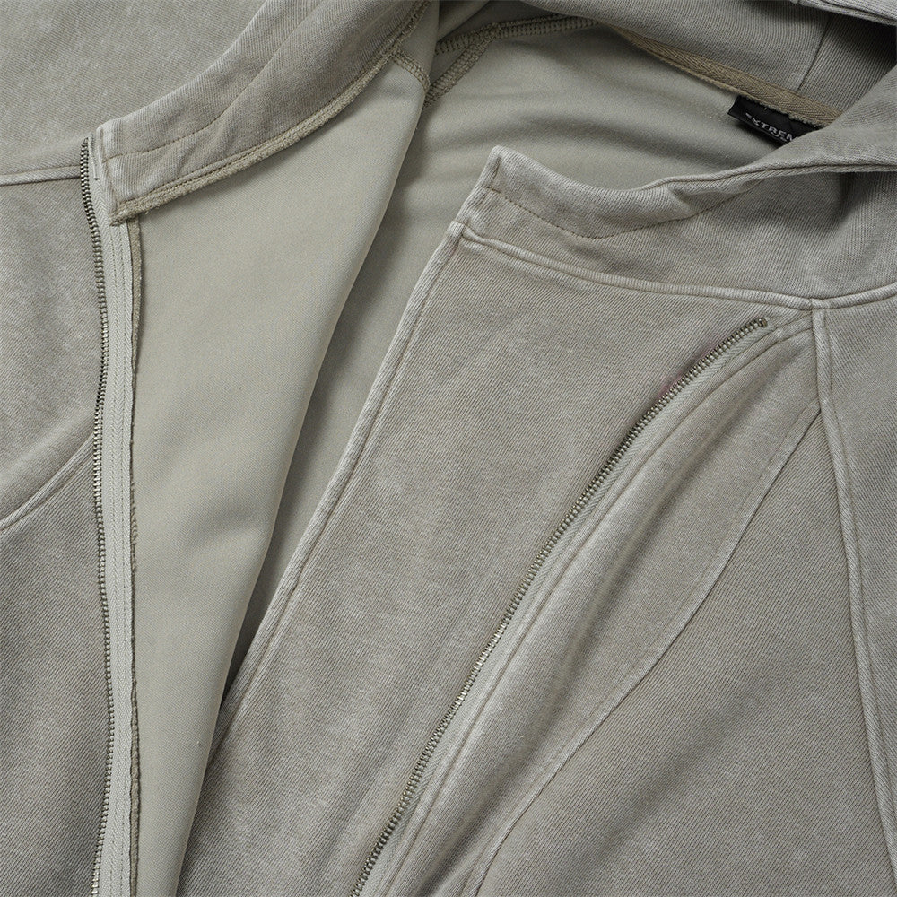 Sweat à capuche zippé homme délavé à l’acide, avec zip diagonal et empiècements déconstruits