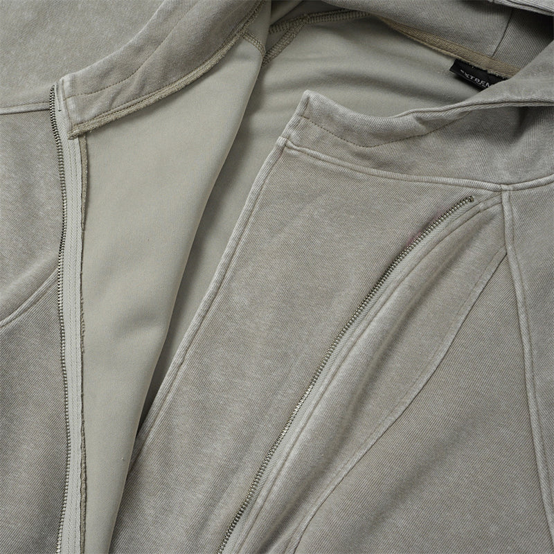 Sweat à capuche zippé homme délavé à l’acide, avec zip diagonal et empiècements déconstruits