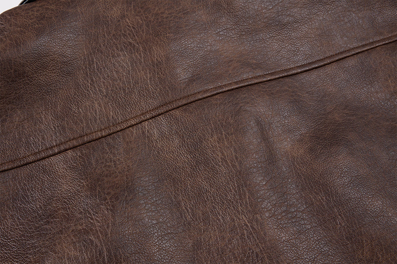 Oversized PU Leather Bomber Jacket – Vintage American Moto Style with Contrast