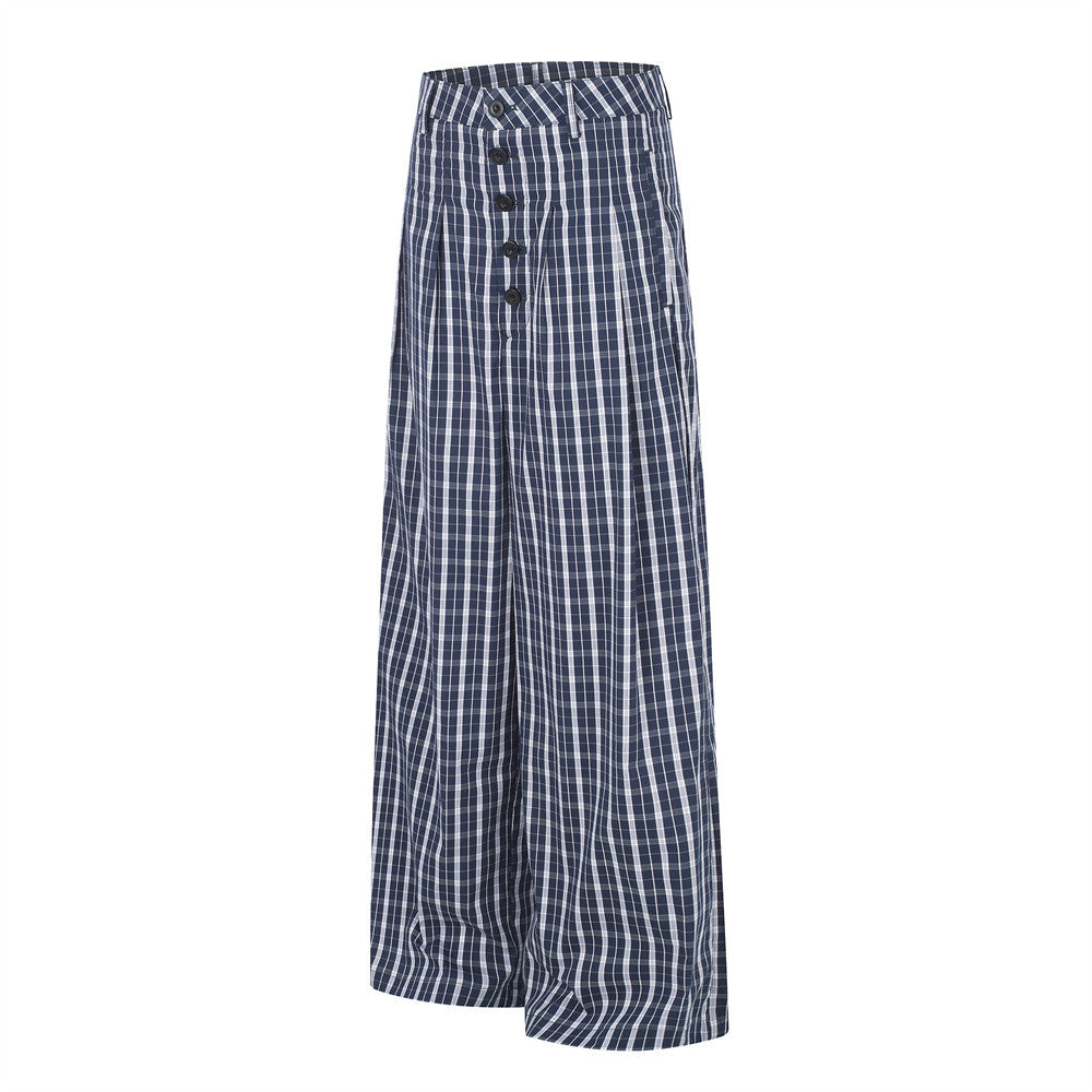 Men's Plaid Wide-Leg Trousers with Button Fly & Pleated Design