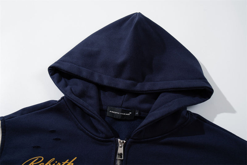 Rebirth 7 Colorblock-Zip-Hoodie – Distressed Varsity-Sweatshirt in Navy & Creme