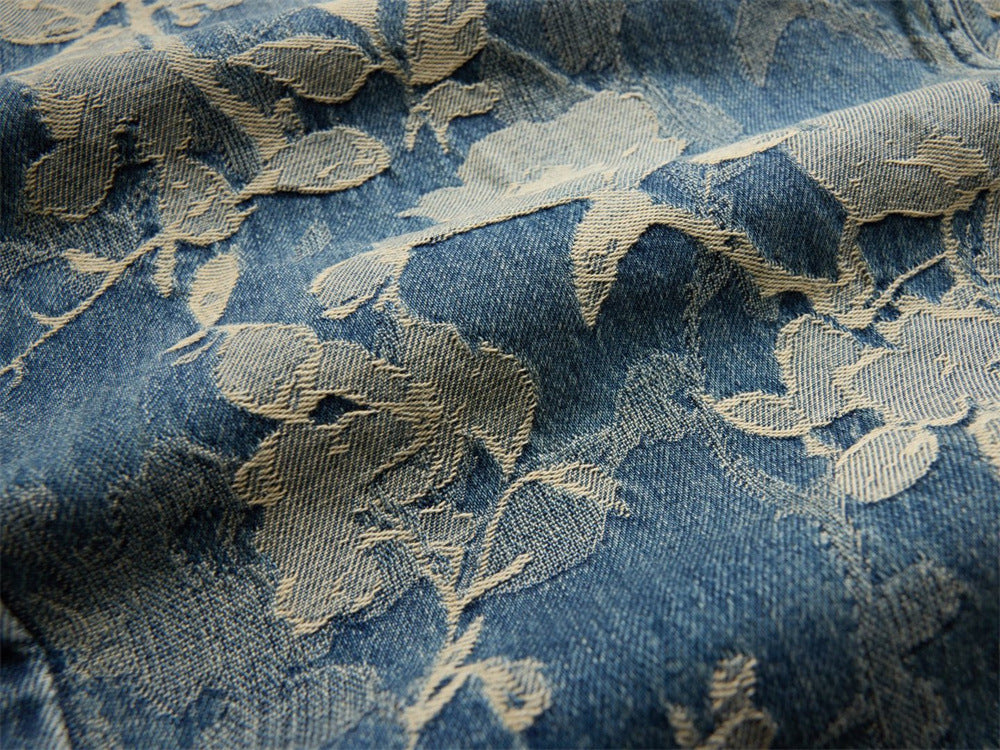 Floral Jacquard Wide-Leg Jeans – Vintage Washed Baggy Denim with Raised Flower