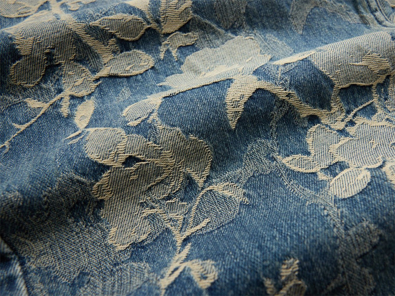 Floral Jacquard Wide-Leg Jeans – Vintage Washed Baggy Denim with Raised Flower