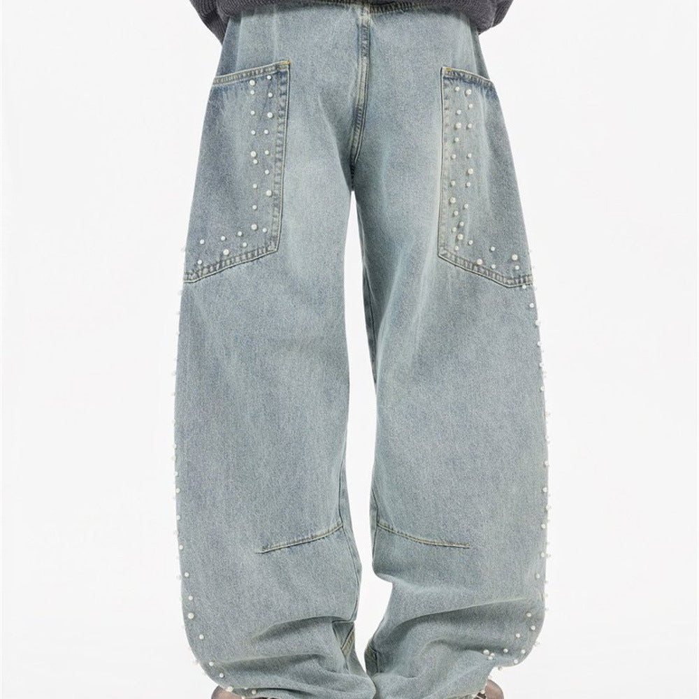 Pearl-Studded Wide-Leg Denim Cargo Jeans – Vintage Washed Scimitar Cut