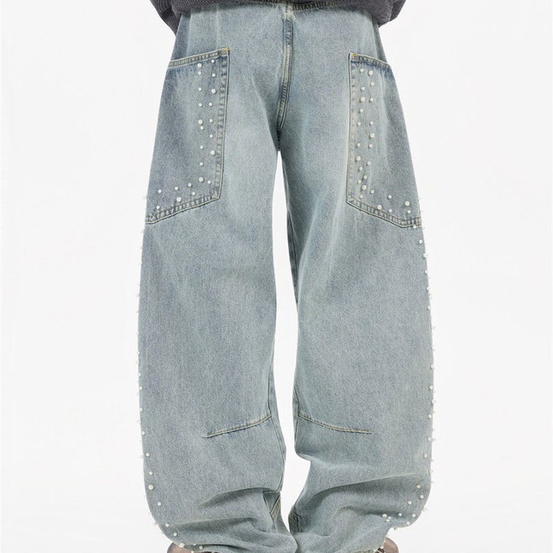 Pearl-Studded Wide-Leg Denim Cargo Jeans – Vintage Washed Scimitar Cut