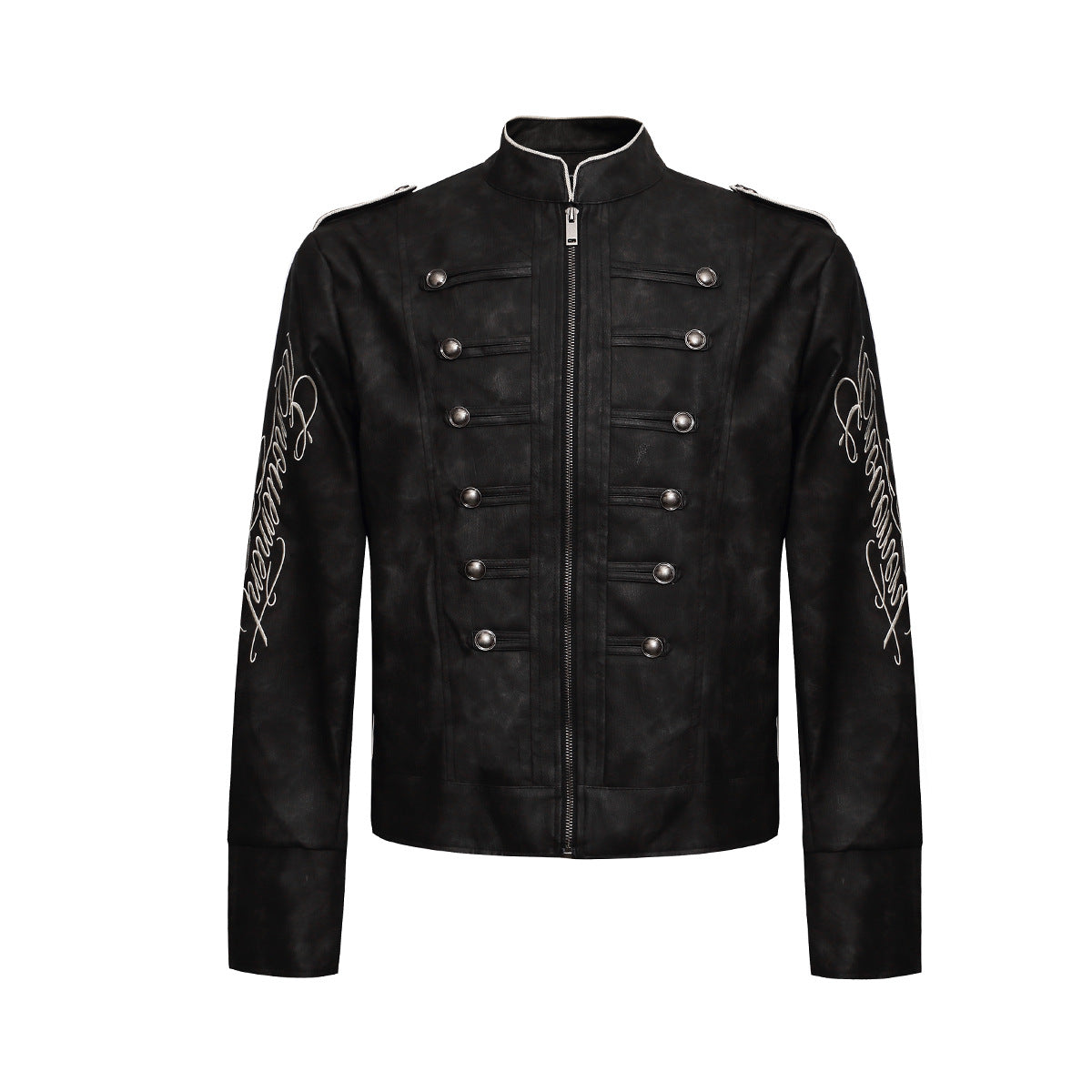 Distressed Military-Jacke aus schwarzem PU-Leder mit silbernen Zweireiherknöpfen, Schriftzug-Stickereien an den Ärmeln und Bandkragen