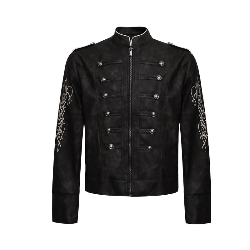 Distressed Military-Jacke aus schwarzem PU-Leder mit silbernen Zweireiherknöpfen, Schriftzug-Stickereien an den Ärmeln und Bandkragen