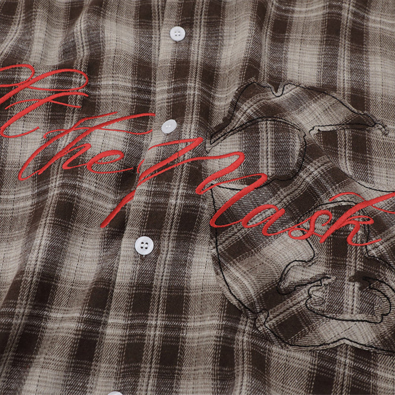 Oversized Plaid Short Sleeve Shirt with Embroidered Script Graphic