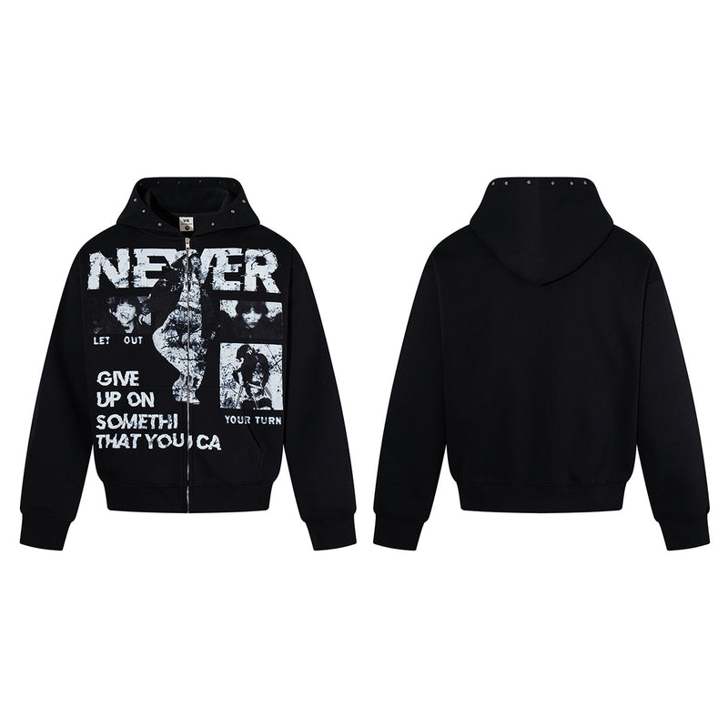 Never Give Up Graphic Zip-Up Hoodie – Vintage Punk Streetwear