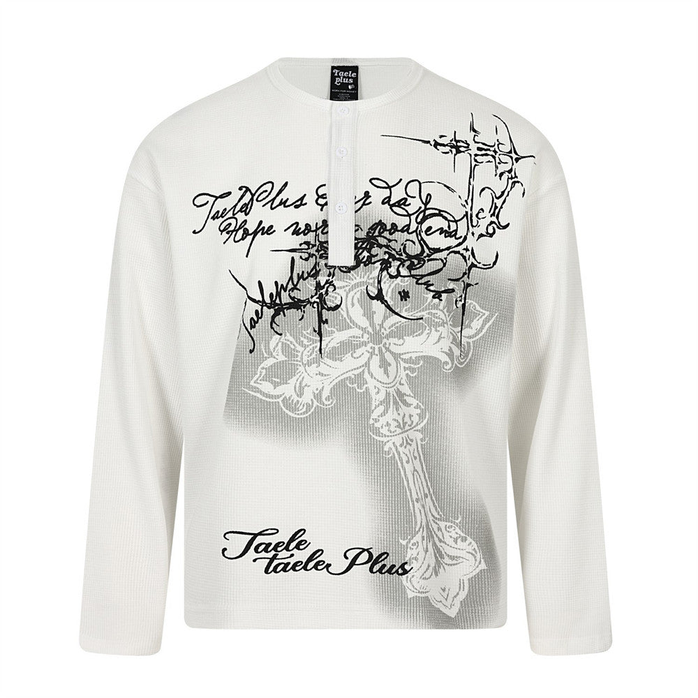 Gothic Cross Graphic Waffle Knit Henley Long Sleeve Shirt – Oversized Fit