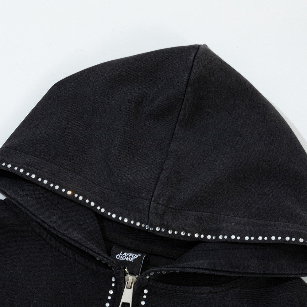 Hoodie zippé avec bordure en strass et double zip — Streetwear délavé