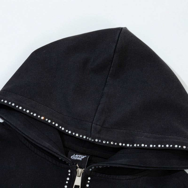 Hoodie zippé avec bordure en strass et double zip — Streetwear délavé