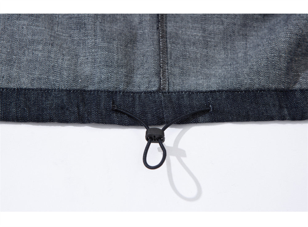 Men's Denim Pullover Anorak Hoodie – Oversized Half-Button Drawstring Hem