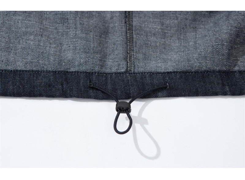 Men's Denim Pullover Anorak Hoodie – Oversized Half-Button Drawstring Hem