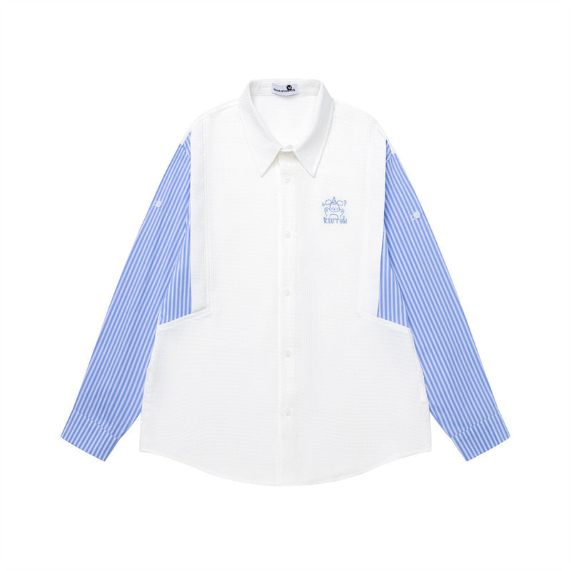 Chemise homme boutonnée à empiècement côtelé & rayures – Coupe preppy oversize