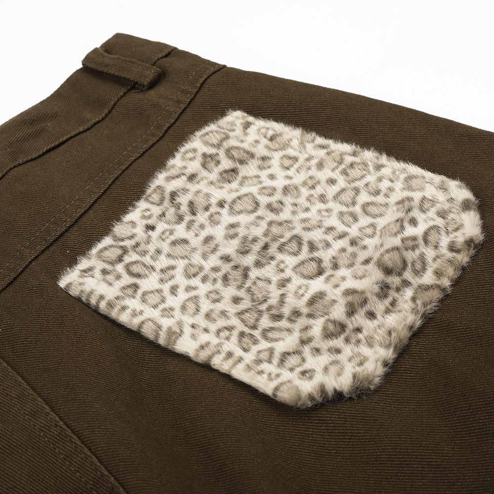 Men's Wide-Leg Cargo Pants with Leopard Fur Trim & Multi-Pocket Design